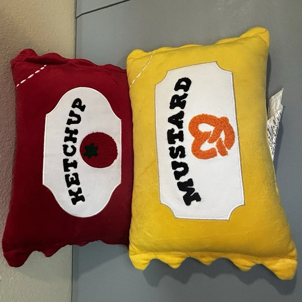 Ketchup And Mustard Packets Pillow Set Fun Food Condiment Home Decor Soft Fuzzy